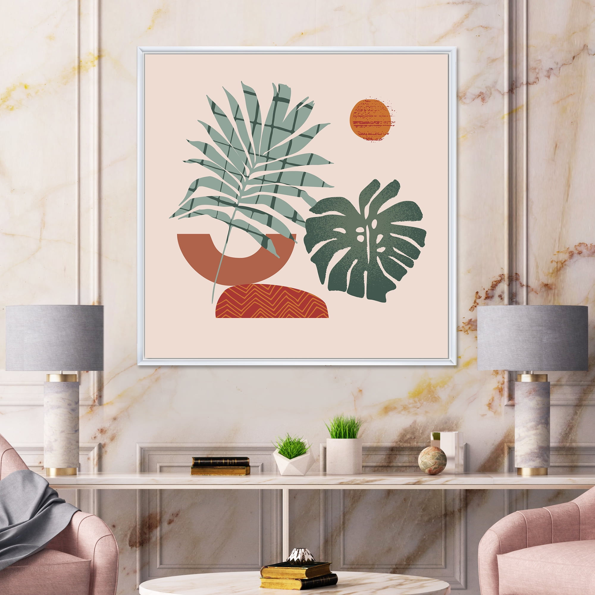 Designart 'Sun and Moon Shapes In Retro Green & Terracotta Tone' Modern Framed Canvas Wall Art Print