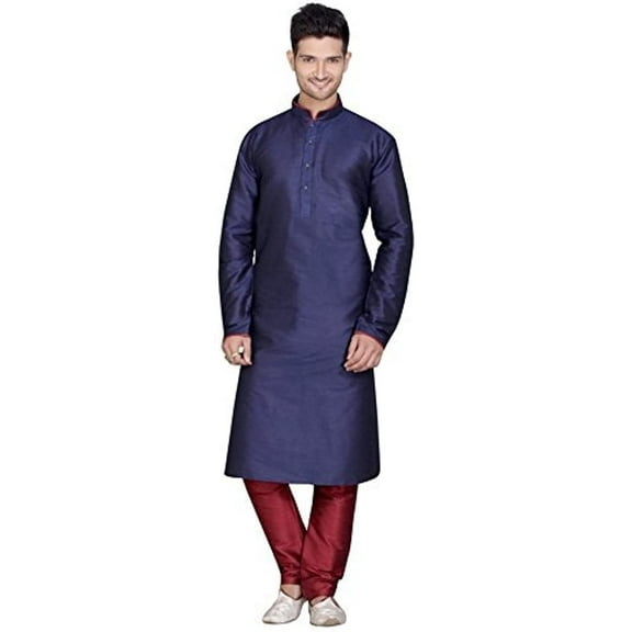 Royal Kurta Men's Dupion Silk Contrast Piping Kurta Churidar Blue