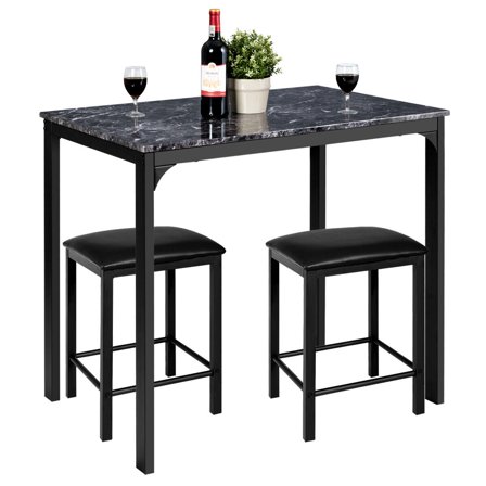 YEXJ 3-Piece Counter Height Dining Set - Black Faux Marble Table with 2 Chairs for Kitchen Bar Compact Dining Space