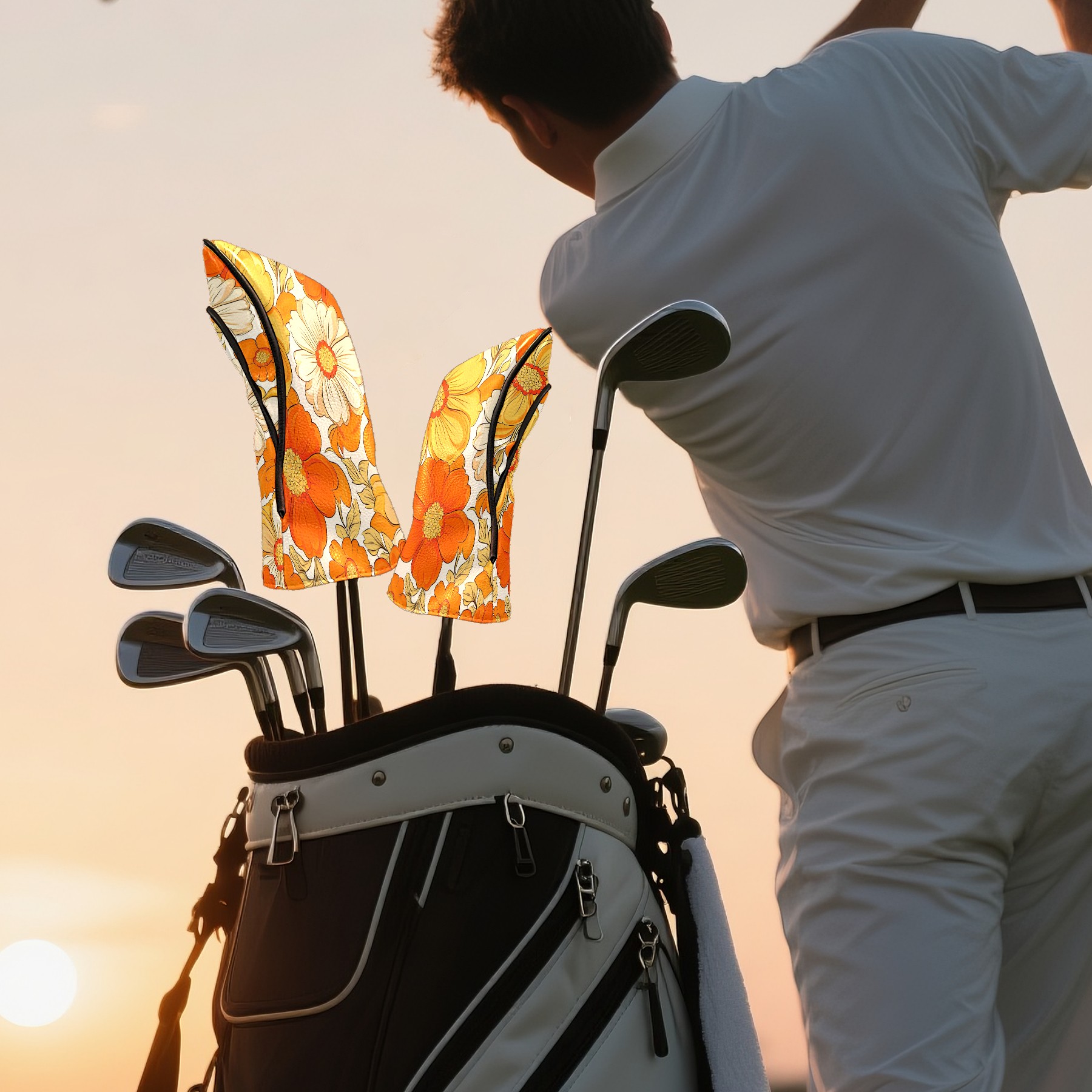 Golf Club Covers, Orange Flower Premium PU Leather Driver Hybrid Putter Head Covers with Velvet Lining, Waterproof Golf Gifts for Men Women