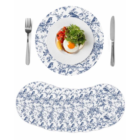 Blue Botanical Round 13 Inch Placemats Set of 8, Vintage Botanical Birds HeatResistant Non Slip Place Mats for Dining Table, Wipeable Braided Kitchen Table Mats for Housewarming
