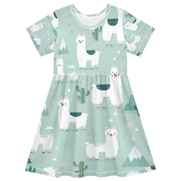 Girls Short Sleeve A-Line Dress Cute Cartoon Llama Pattern Play Dress Sizes 2T