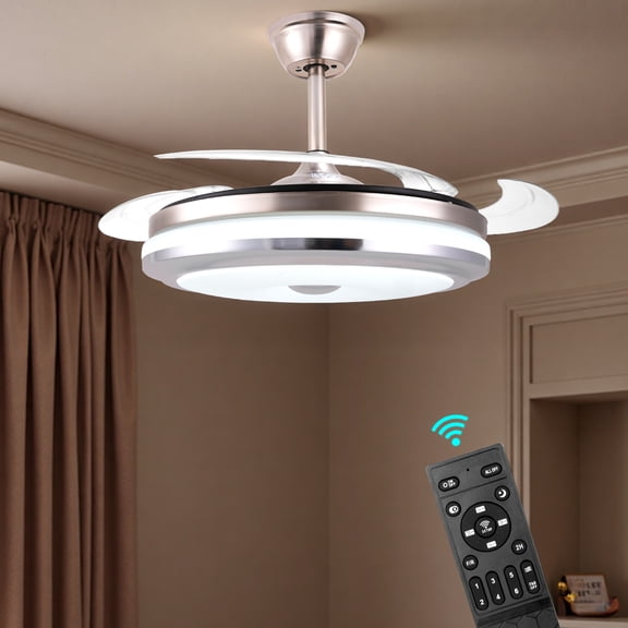 Jacgood 42-Inch Smart Retractable Ceiling Fan with Light, Remote Control, 3-Color Dimmable LED, 6-Speed Quiet Reversible DC Motor for Bedroom, Living Room, Kitchen,silver