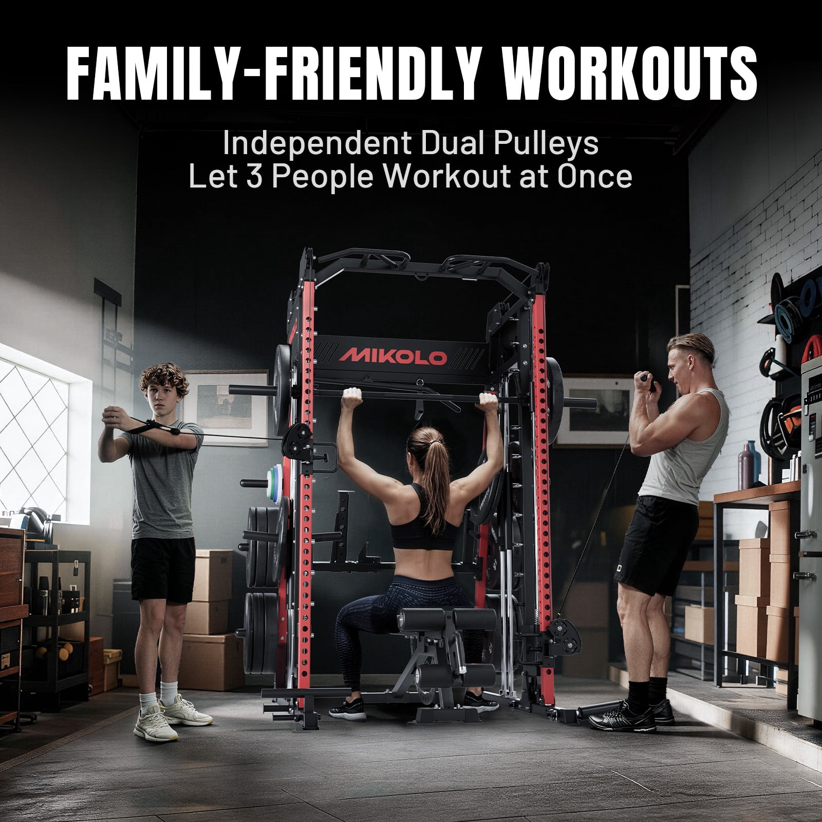 Mikolo M11 Smith Machine, Complete Starter Home Gym Package, 2200 lbs Power Rack with 230LBS Plates and Weight Bench, Total Body Strength Training Cage