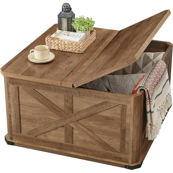 Farmhouse Coffee Table with Storage, Square Coffee Table for Living Room, Center Table with Flip-Top Lids, Honey Brown