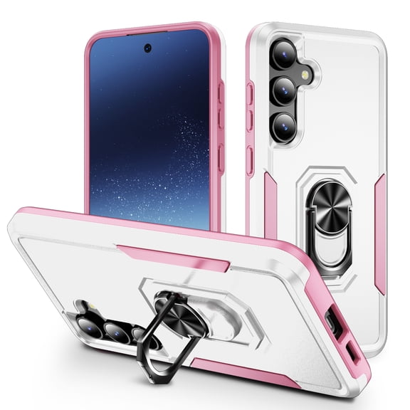 Designed for Samsung Galaxy S24 Plus Case, Military-Grade Drop Protection, Shockproof Phone Case Cover, Magnetic Car Mount Ring Kickstand Bumper Hard Case for Samsung Galaxy S24 Plus, White Pink