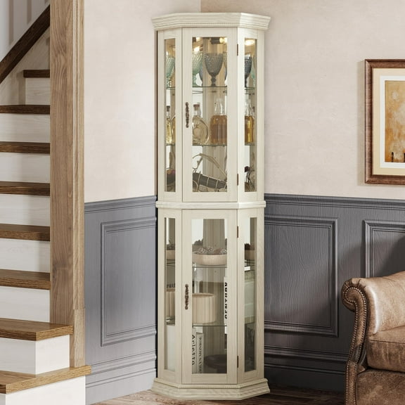 MDQMD 69.4'' Glass Curio Cabinet with Adjustable Shelves for Living Room,White Corner Display Cabinet with Lighted for Bar Liquor Collections