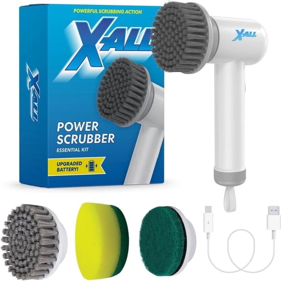 X-All Electric Spin Power Scrubber - Rechargeable Lightweight Waterproof Cordless 2-Speed Control Cleaning Tool with 2 Spin Brush Heads - White