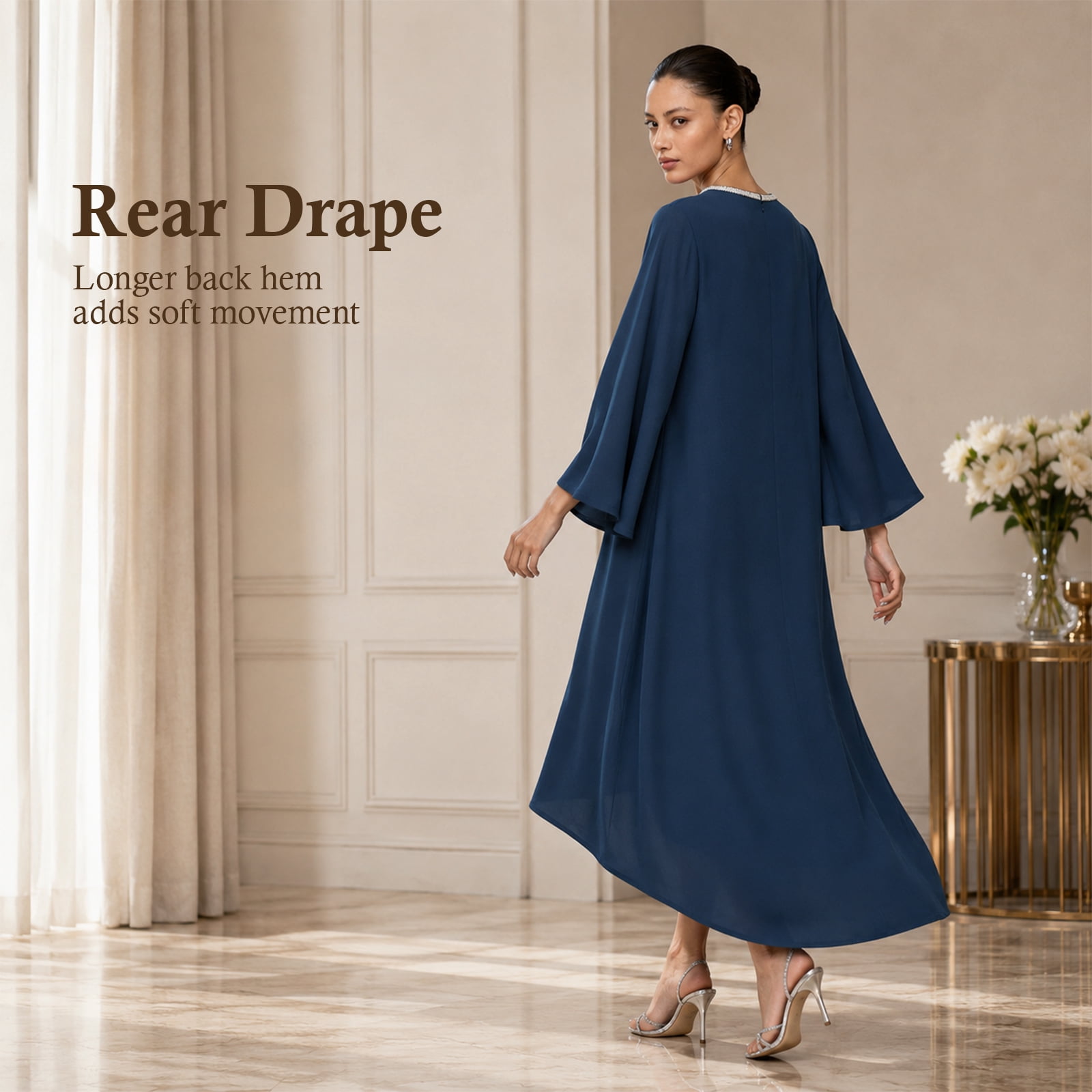 Alvantor Women's Cape Sleeve Midi Dress with Trimmed Neckline, Navy