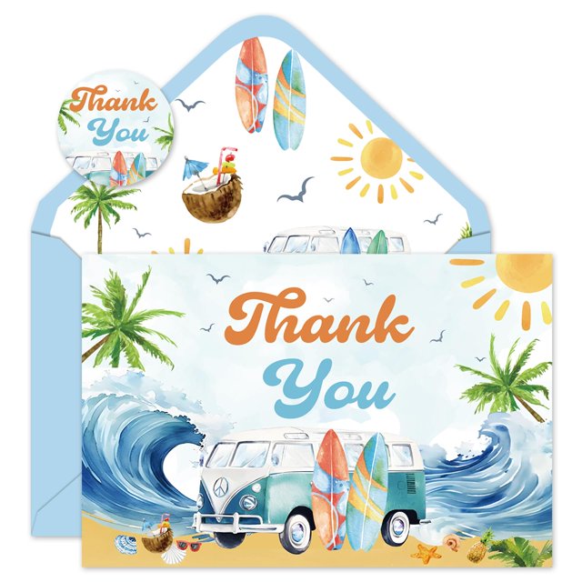 Paquete de 24 tarjetas de agradecimiento para surfear de Whaline con sobres y pegatinas