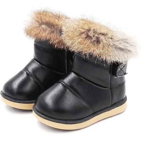 

QWZNDZGR Toddler Girls Boys Outdoor Waterproof Fur Lined Snow Boots PU Leather Warm Winter Slip Resistant Cold Weather Flat Booties Kids Shoes