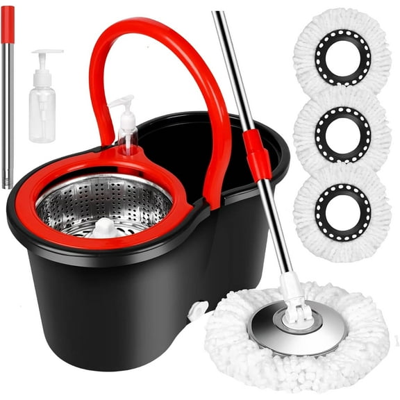 QRKD Spin Mop and Bucket with Wringer Set, 360° Spinning Mop Bucket System with 3 Microfiber Mop Replacement Heads Refills, 61" Stainless Steel Extended Handle for Floor Cleaning Home Office(20QT)
