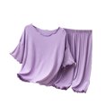 thumbnail image 4 of 2 Piece Modal Pajamas Toddler Girls Ruffle Solid Color Sleepwear Short Sleeve Crewneck Shirts Pants Set Stringy Selvedge Spring Loungewear Kids Pjs Outfits Purple 3-4 Years, 4 of 4