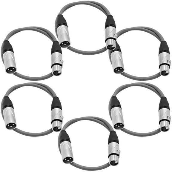 Seismic Audio 6 Pack of 2 Foot Gray XLR Patch Cables Microphone Cords - 3 Pin XLRM to XLRF - SAXLX-2Gray-6Pack