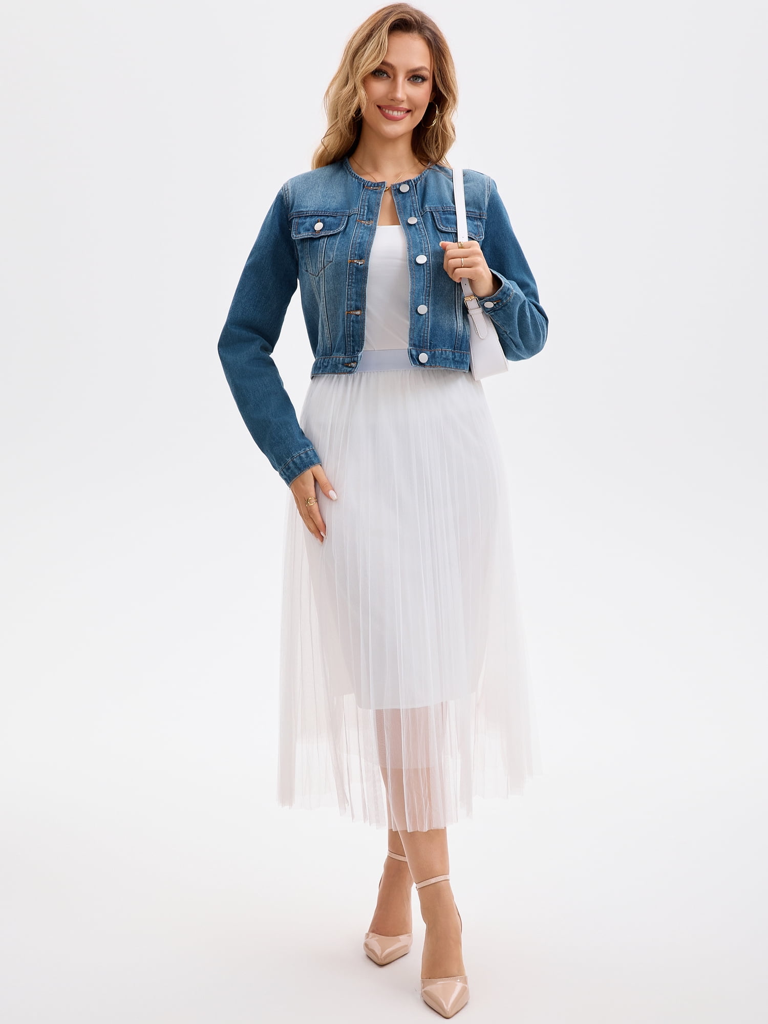 DARING DIVA Women's Collarless Button Down Long Sleeve Denim Jacket M Blue