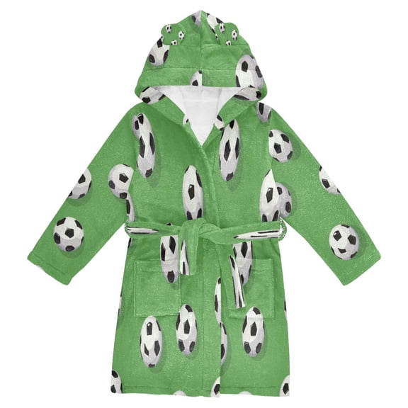 RMDQTR Hooded Fleece Bathrobe with Removable Belt and Pockets Soft and Absorbent for Home, Pool, Beach, Halloween, and Christmas Wear Soccer Balls Pattern