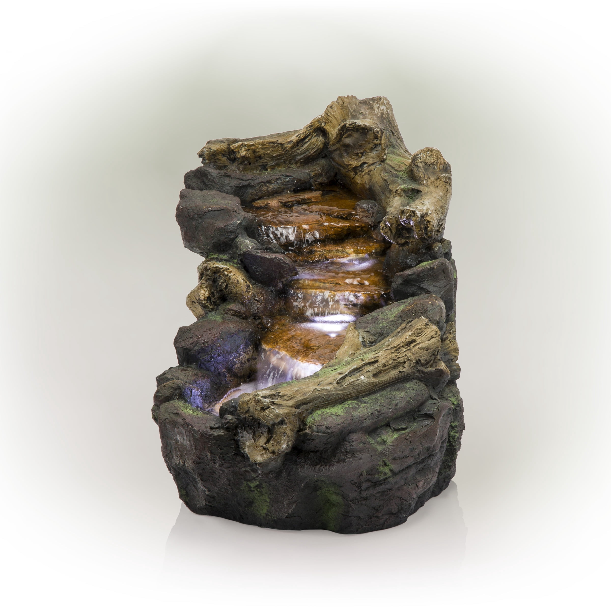 Alpine Corporation 41" Long Indoor/Outdoor River Rock and Log Fountain with LED Lights