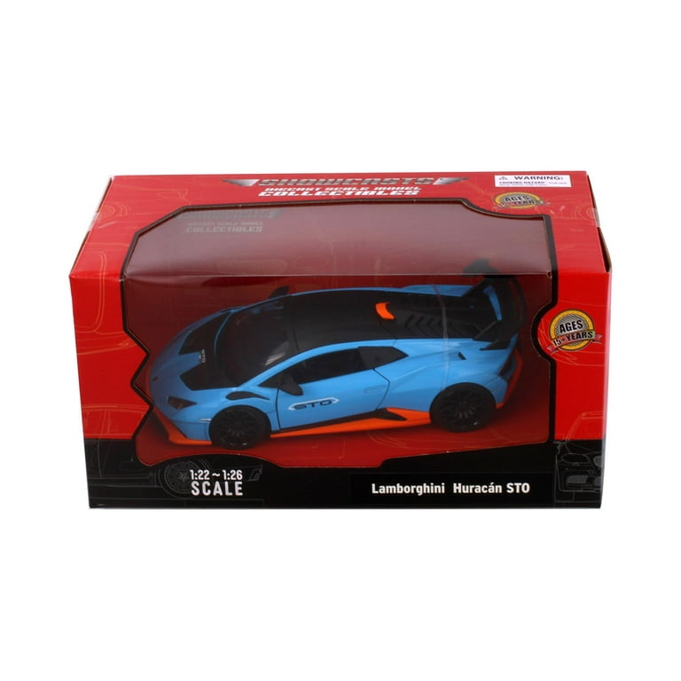 LANL Model Car 1/24 Scale Compatible For Lambo Huracan STO Die Cast Toy Vehicle Pull Back With Light And Sound Toy Car Door Can Be Open Blue