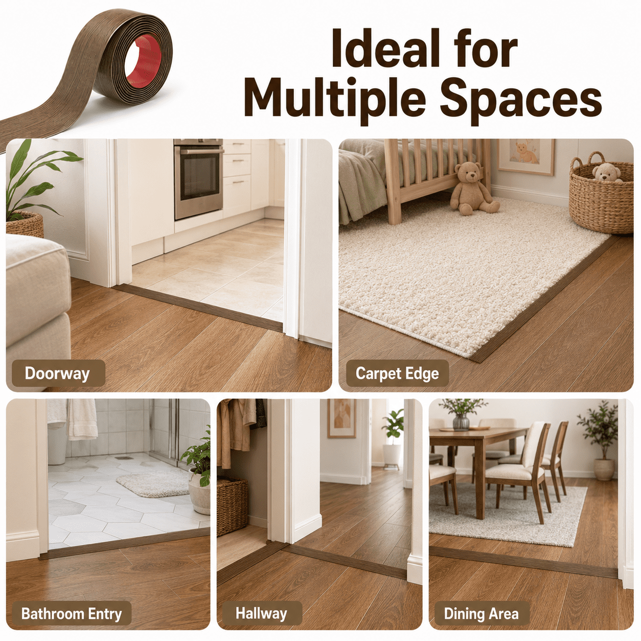 Yeslife 1 pc Self Adhesive Floor Transition Strip, 10 ft x 1.57 in, Brown Vinyl, Flexible Waterproof Gap Cover for Laminate, Tile and Carpet Flooring