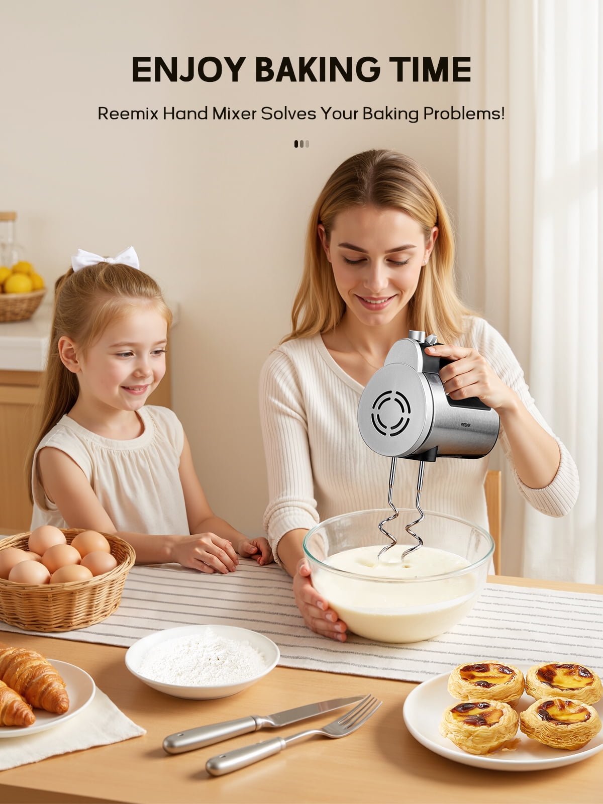 Reemix Hand Mixer - 7-Speed (6+Turbo Boost) Electric Mixer, 300W Powerful Motor, Dishwasher-Safe, One-Touch Eject