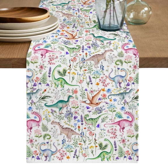 Spring Dinosaurs Table Runner, Farmhouse Botanical Floral Watercolor Washable Cotton Linen Table Runners 120 Inches Long, Dresser Scarf Runner for Dining/Living Room/Kitchen/Square Tables 13''x120''