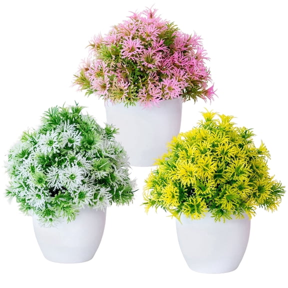 Tripumer 3pcs Small Artificial Greenery Potted Plant Faux Jasmine Grass UV Resistant Plants For Indoor Home Office Bathroom Wedding Farmhouse Decoration-Yellow Rose White