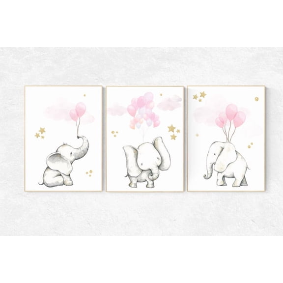 UNFFRAMED Luvia Pink And Gold Nursery Poster Set of 3 Elephant And Animal Prints Baby Girl Room Wall Art With Elegant Gold Accents Set 3 Prints 8x12