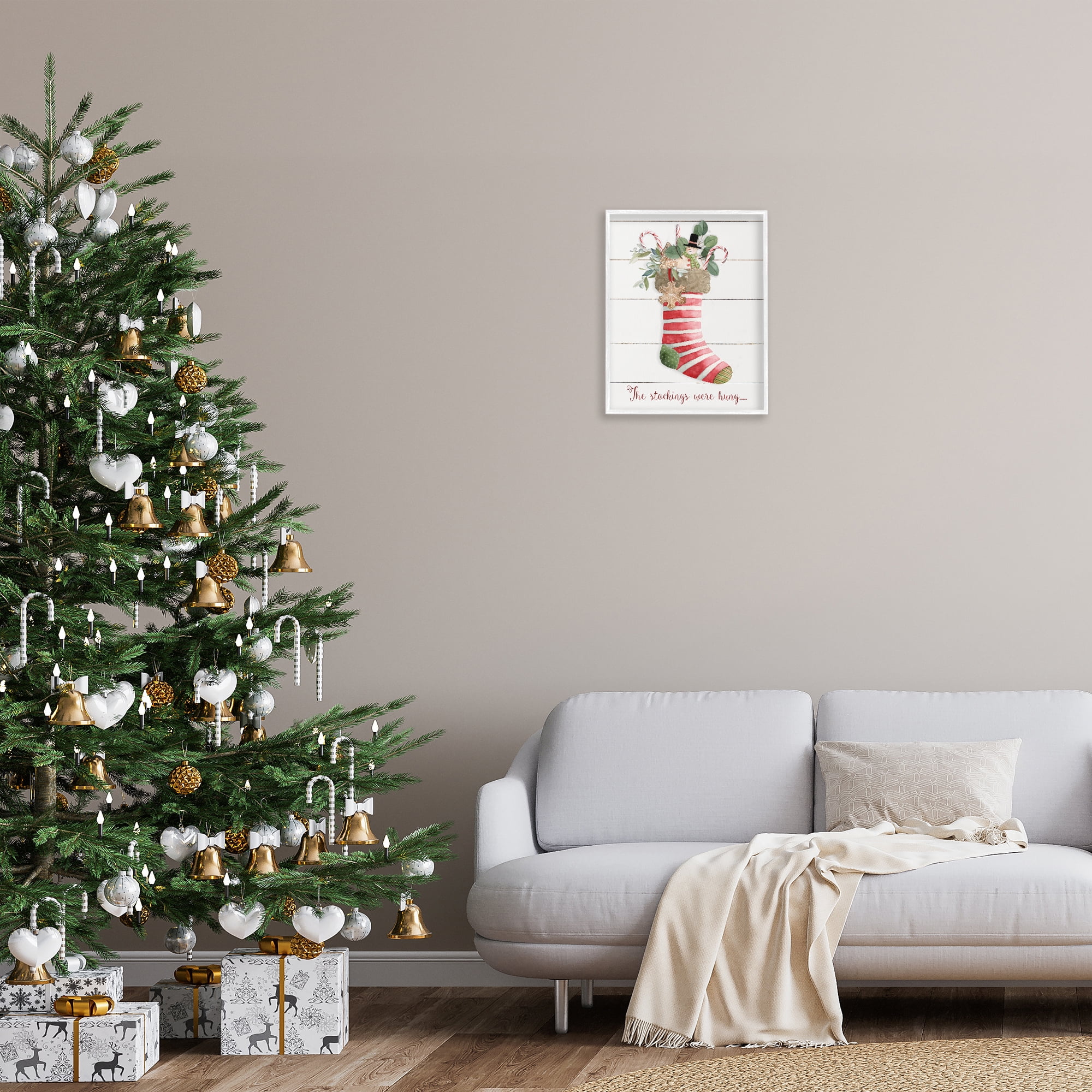 Stupell Industries Striped Christmas Stocking Holiday Painting White Framed Art Prints Wall Art, 16 x 20