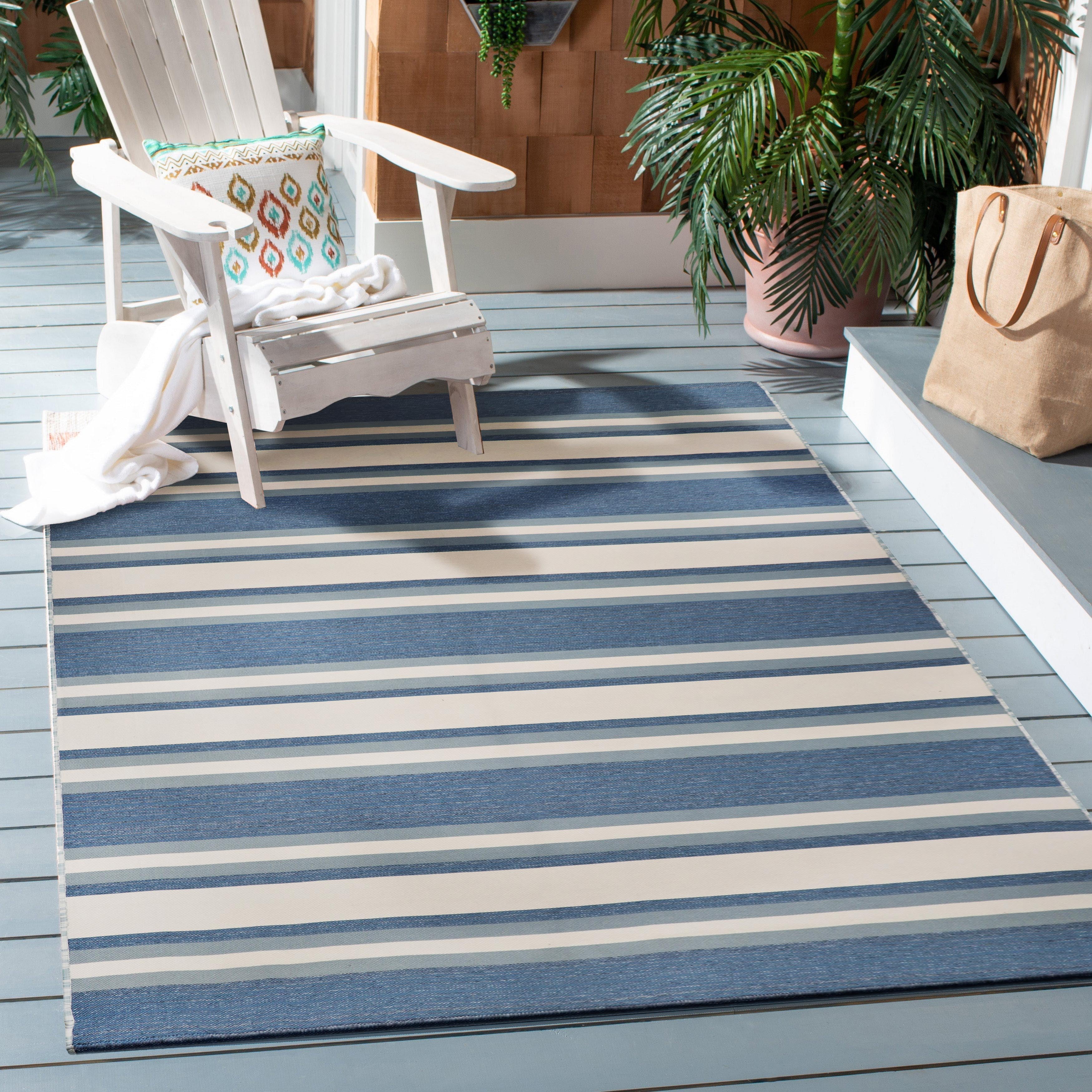 Better Homes & Gardens Stripe Blue Striped Outdoor Rugs, 8' x 10', Reversible