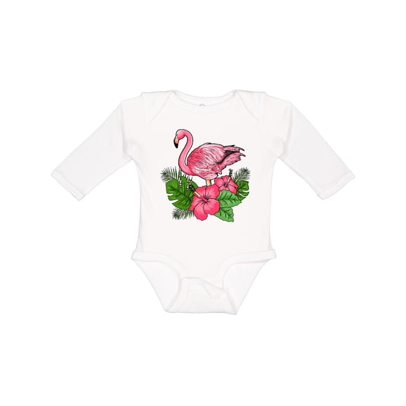 Inktastic Flamingo with Tropical Flowers Boys or Girls Long Sleeve Baby Bodysuit