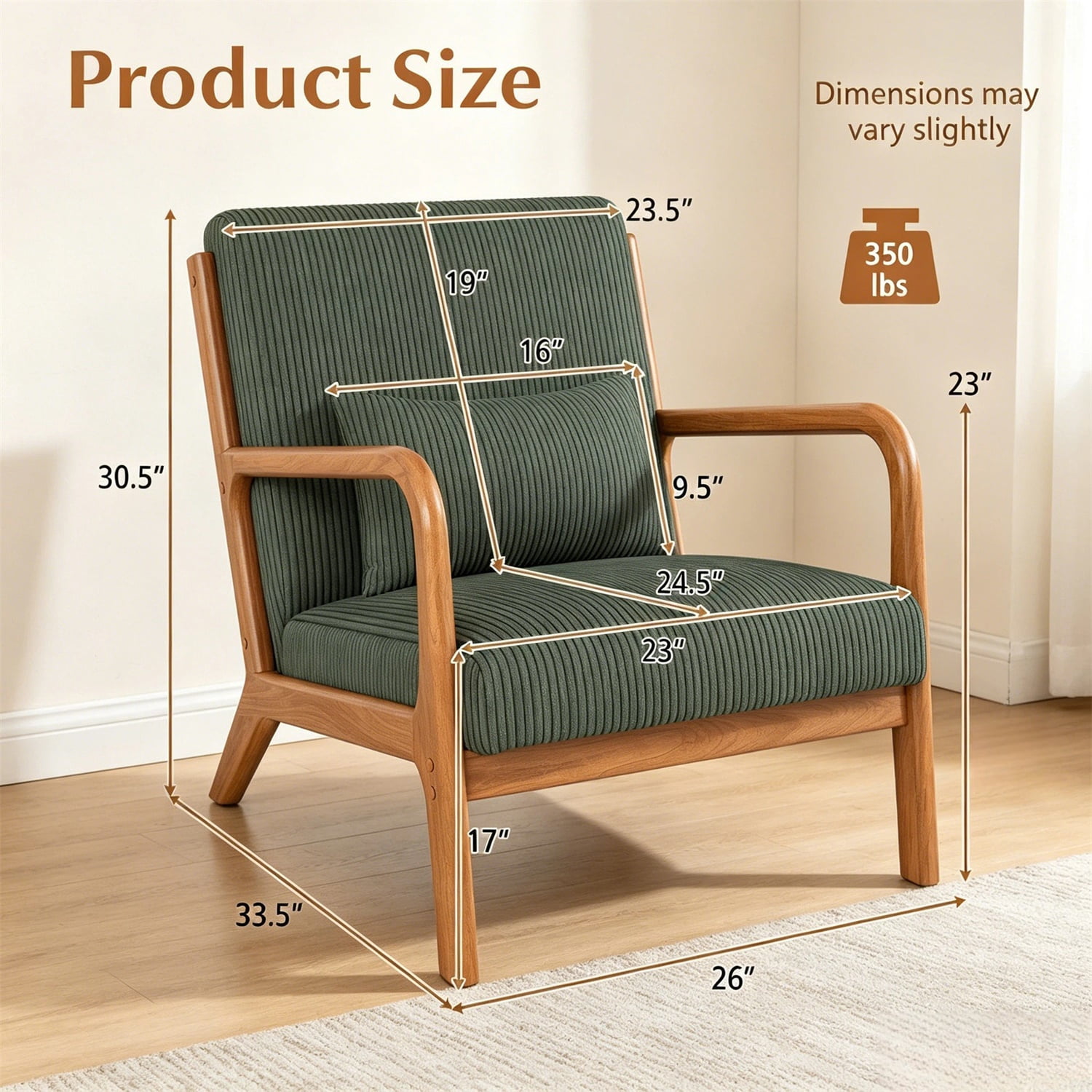 Hommoo Modern Accent Chair, Striped Corduroy Fabric Arm Chair with Solid Wood Frame, Upholstered Comfy Reading Chair for Home, Green