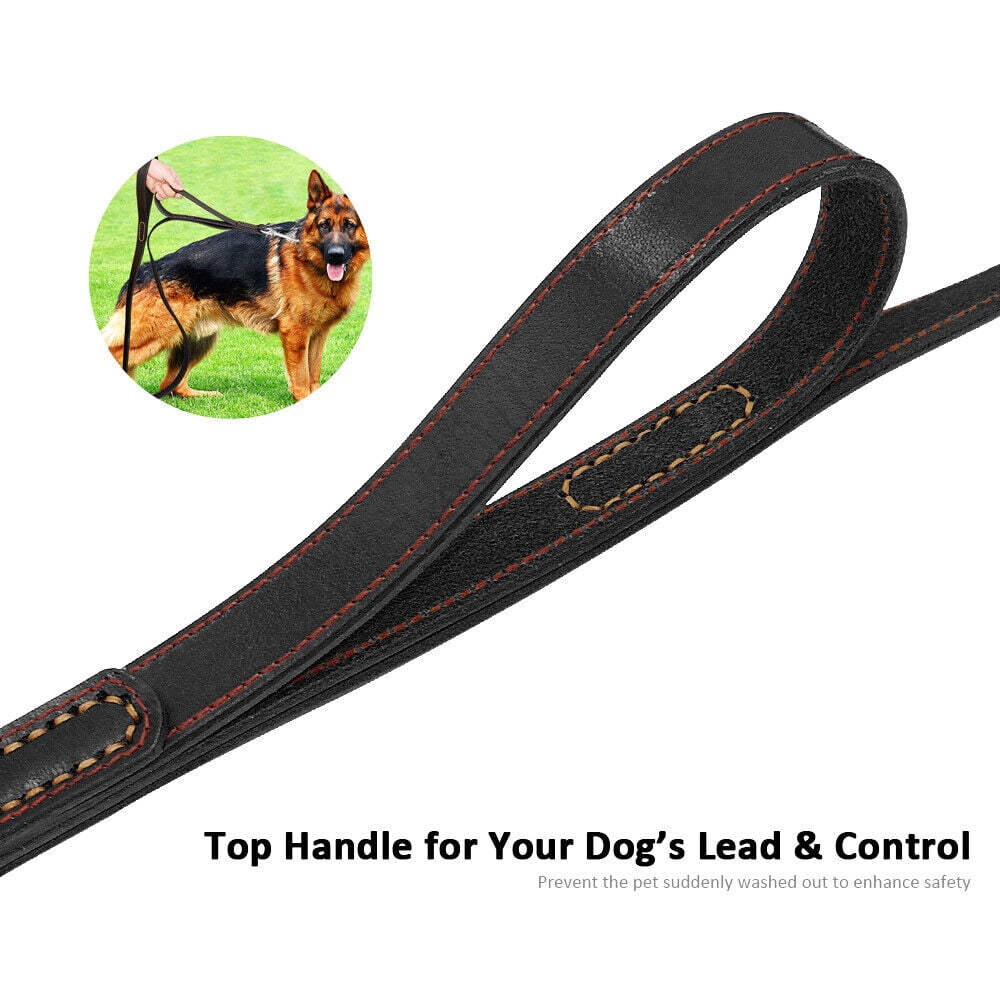 Wide Thick Genuine Leather Dog Leash with Dual Handle Pet Traffic Leashes for Large Dogs