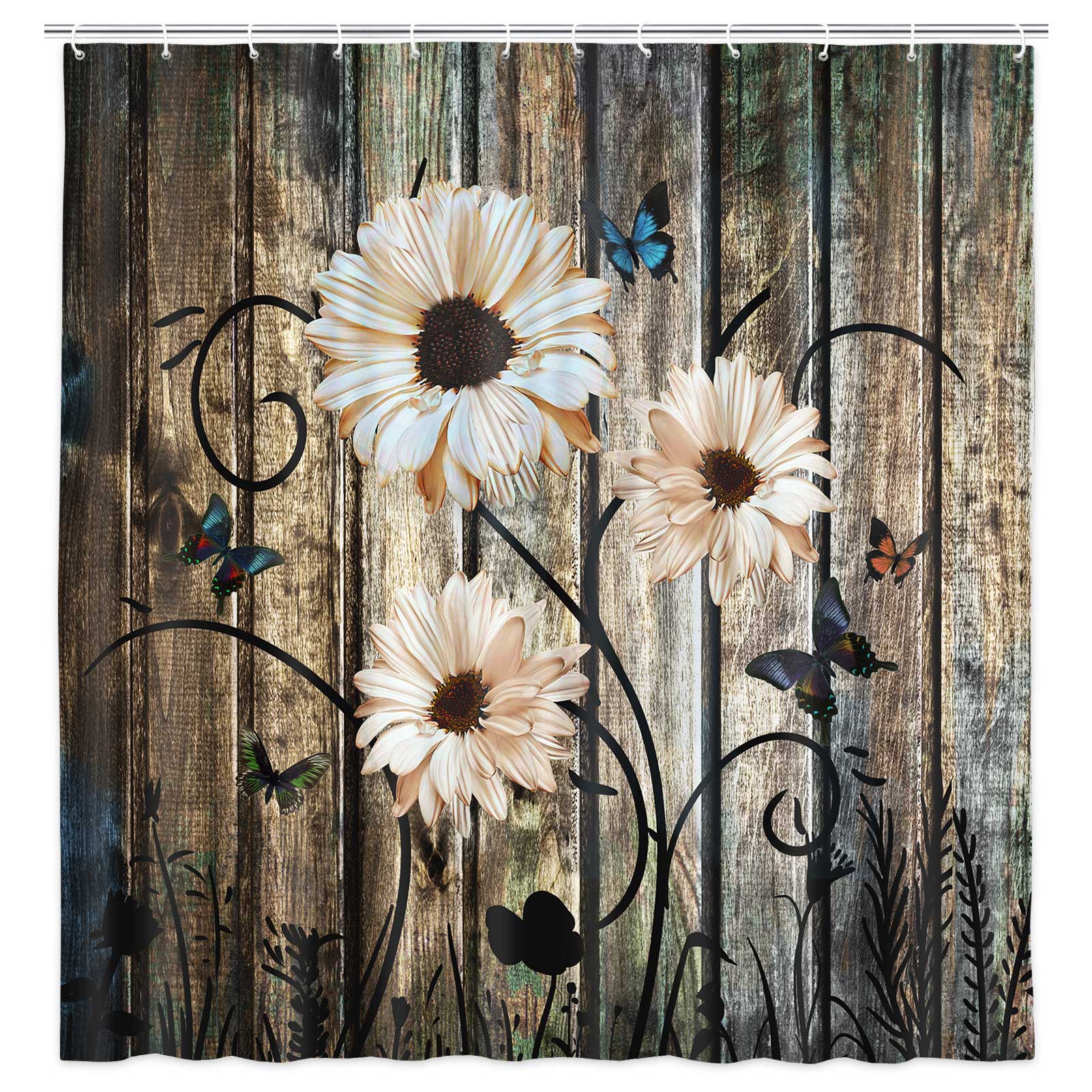 Rustic Farmhouse Floral Bathroom Shower Curtain Set with Toilet Lid Cover and Non-Slip Rugs, Barn Wood Daisy Butterfly Gray Retro 4 Pcs Shower Curtain Set Restroom Decor Accessories with Hooks,72X72in