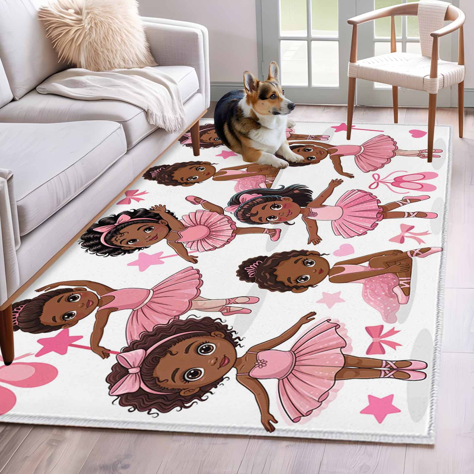 Area Rugs for Living Room 4x6 Ft, Pink Ballet Dancer Non Slip Area Rugs for Kitchen Bedroom Entryway, Cute Cartoon Girls Bow-knot Love Star Washable Carpet Runner Rug Floor Mats for Bedroom