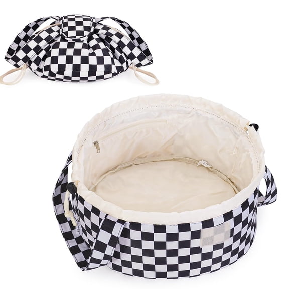 Narwey Barrel Drawstring Black Checkered Makeup Bag Large Cosmetic Bags Travel Toiletry Pouch for Toiletries Organizer Handle for Women Gift
