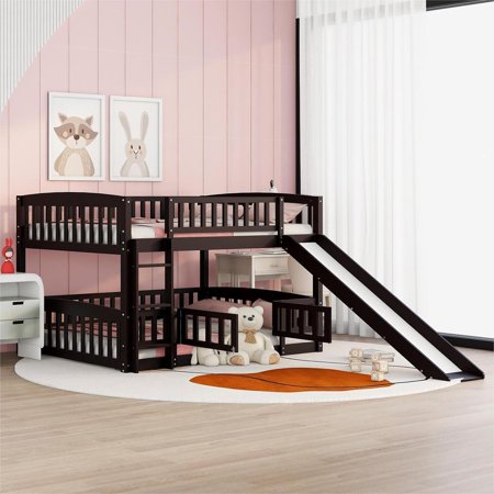 Bunk Bed With Slide  Full Over Full Low Bunk Bed With Fence and Ladder for Toddler Kids Teens Espresso
