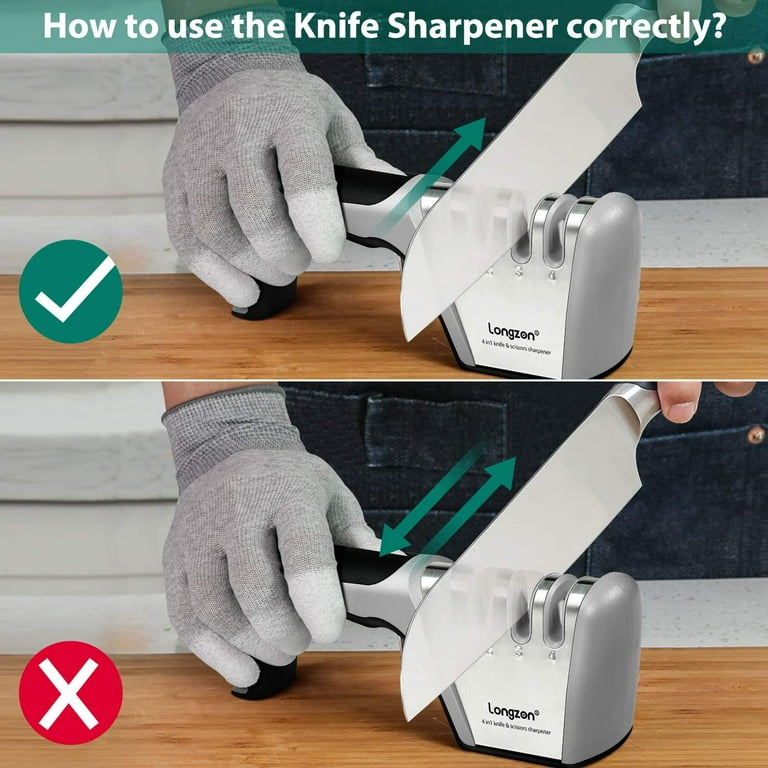 4-in-1 longzon [4 stage] Knife Sharpener with a Pair of Cut-Resistant  Glove, Original Premium Polish Blades, Best Kitchen Knife Sharpener Really  Works for Ceramic and Steel Knives, Scissors.
