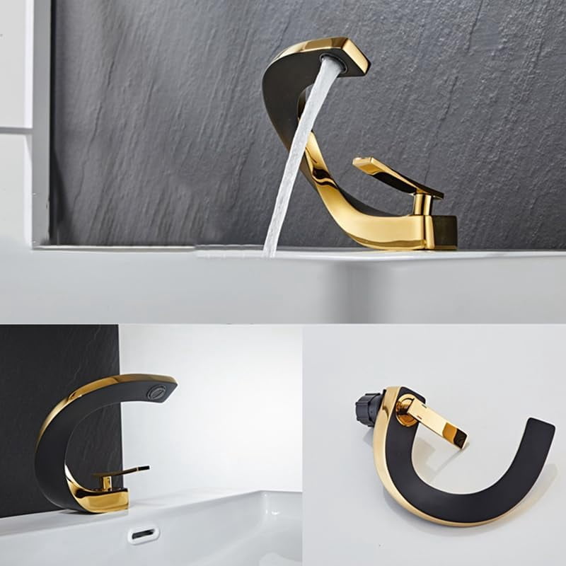 SOKNARKU Modern Bathroom Sink Basin Faucet Brass Single Hole Single Handle Deck Mount Cold And Hot Mixed Creative Design Tap Including Two US Standard 3/8 Hoses Black Gold Style B