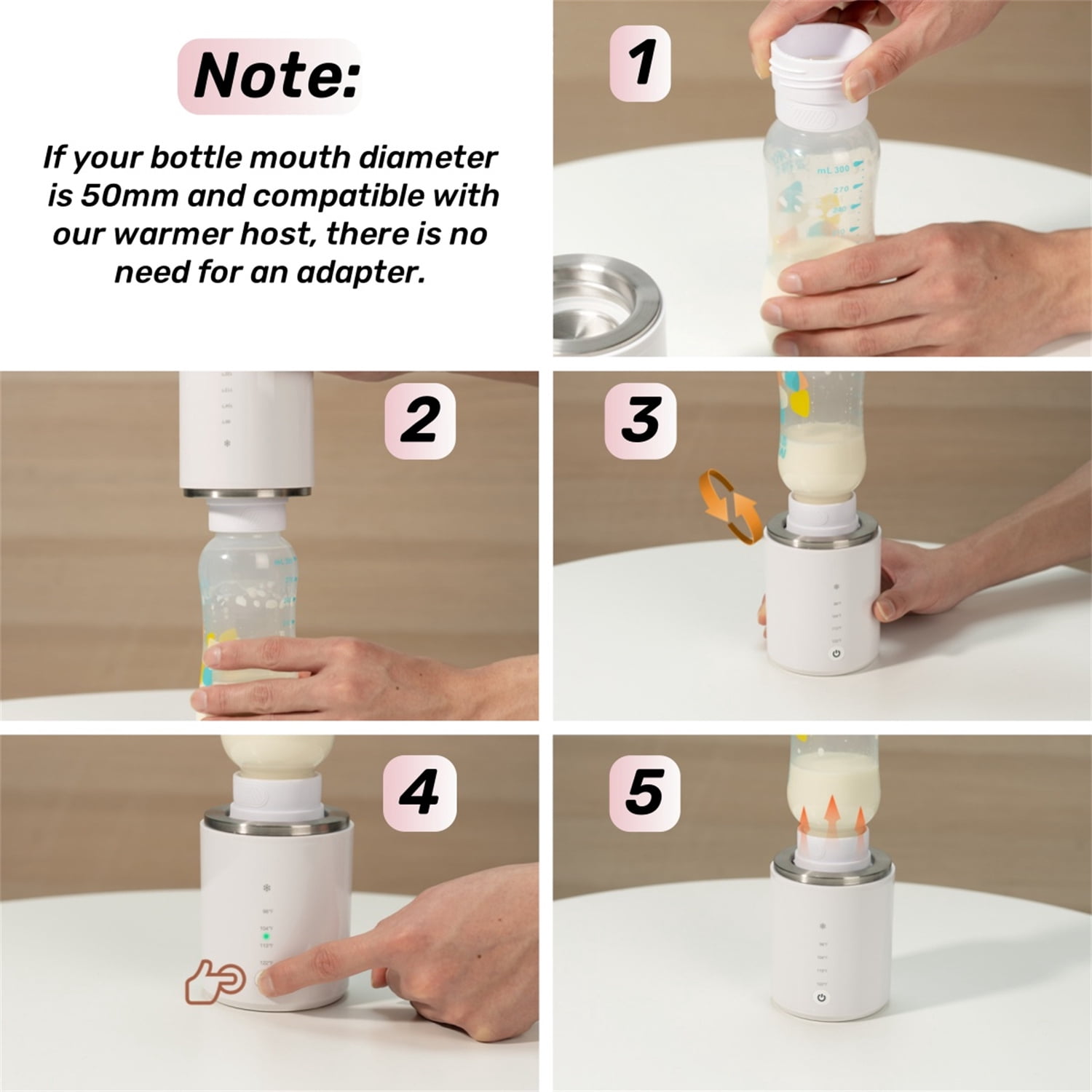 Jademall Portable Baby Bottle Warmer with 5 Adapters, 3-in-1 Rechargeable Bottle Warmer for Breast Milk, Formula & Food, 4 Temperature Settings for Travel & Home