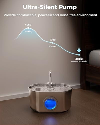 Cat Water Fountain Stainless Steel: 74oz/2.2L Cat Fountain for Drinking- Pet Water Fountain Inside - Automatic Dog Watering Dispenser Bowl - Pet Feeding & Watering Supplies - Water Level Window