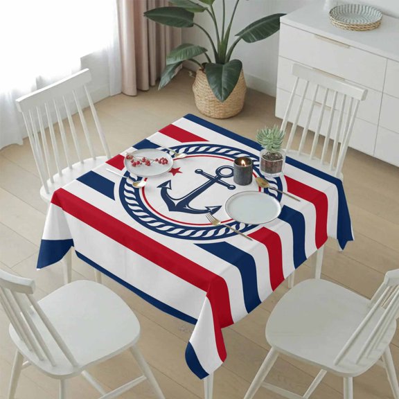 Nautical Anchor Star Stripe Table Cloth 60x60in, Waterproof Square Tablecloth Wipeable Tablecloths Coastal Navy Blue Red Line Table Covers for Dining Tables Party Indoor Outdoor