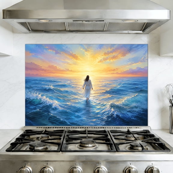 Kitchen Backsplash Peel and Stick Wall Murals Jesus Walks Water Christian Bible Stories Walking Ocean Waves 35.4"W x 23.6"H, Oil Proof Removable Vinyl Wallpaper for Fireplace & Behind Stove