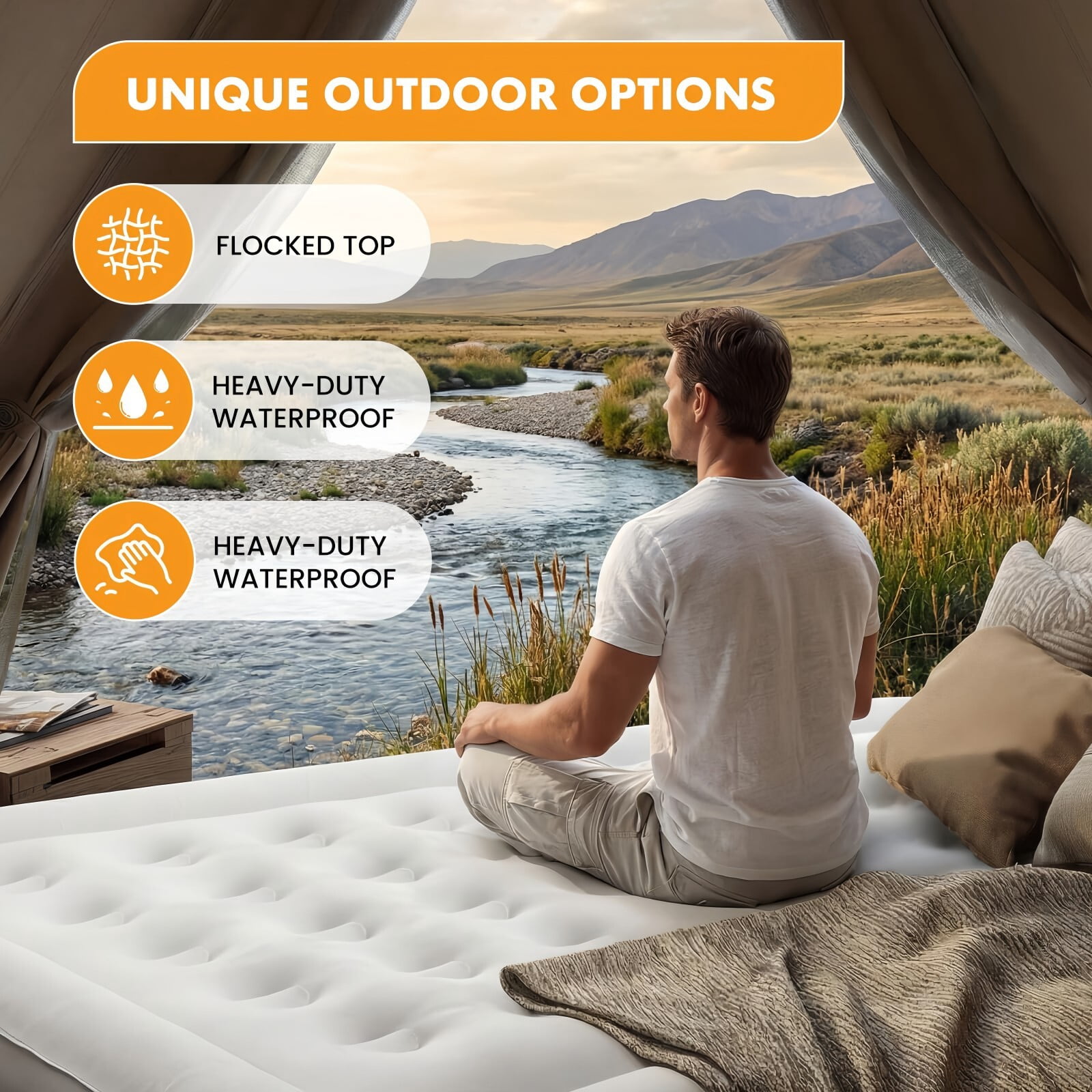 Kelno 22" Queen Air Mattress with Built in Pump Portable Inflatable Bed with Non Slip Bottom, Black
