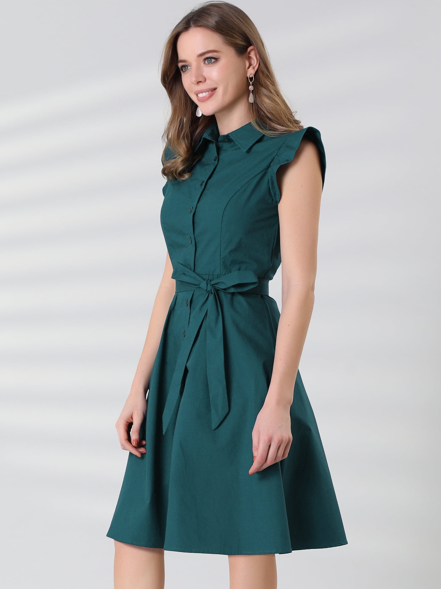 DARING DIVA Ruffled Sleeve Button Down Belted Knee Length Shirt Dress XS Dark Green