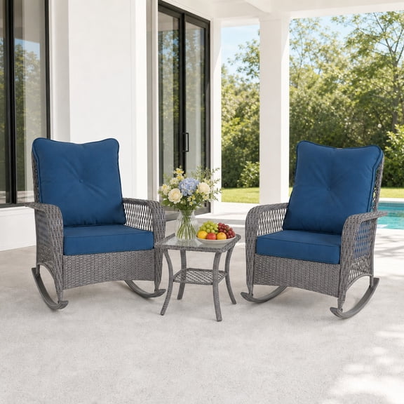 UDPATIO 3-Piece Patio Rocking Chairs Outdoor Conversation Set, Wicker Chairs with 4-Inch Olefin Cushions and Glass Side Table for Porch, Gray/Blue