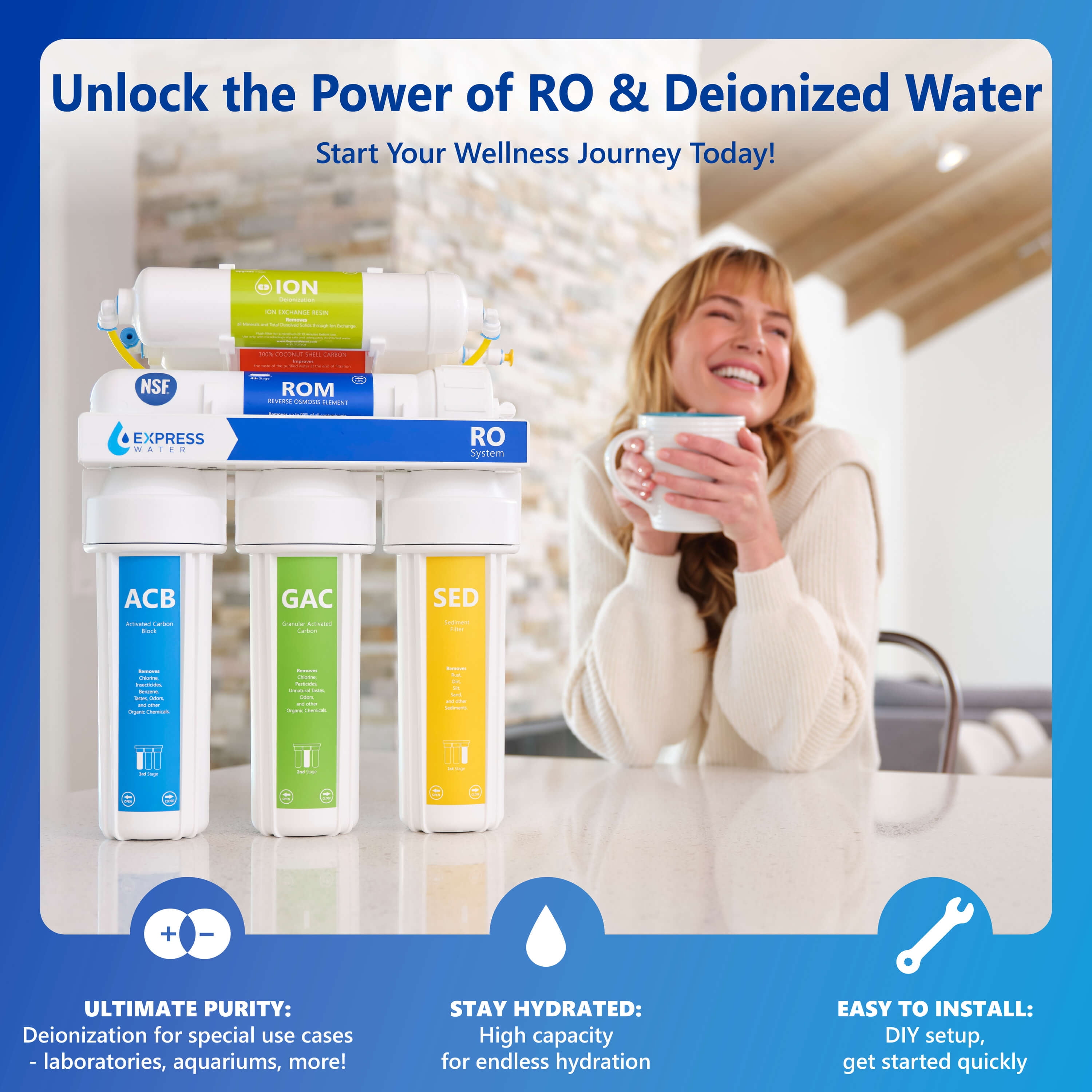 Express Water Deionization Reverse Osmosis Water Filtration System – 6 Stage RO DI Water Filter with Faucet and Tank – Distilled Pure – Under Sink Home Water Softener – 100 GPD