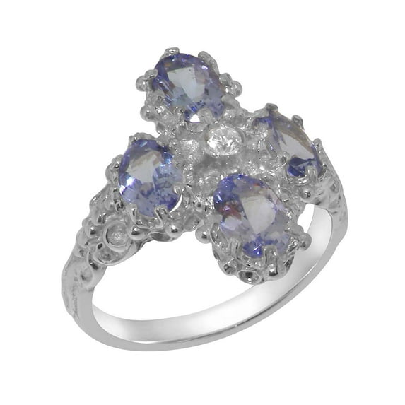 LBG British Made 14k White Gold Natural Diamond & Tanzanite Womens Statement Ring - 33 size options - Size 4