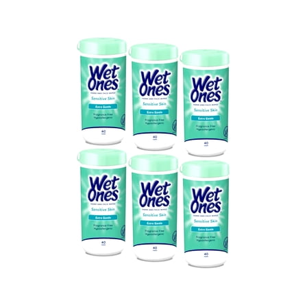 Wet Ones Sensitive Hand and Face Wipes, Sensitive Skin, Fragrance Free, 40 Count Canister (Pack of 6)