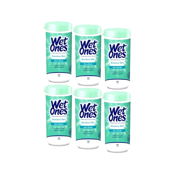 Wet Ones Sensitive Hand and Face Wipes, Sensitive Skin, Fragrance Free, 40 Count Canister (Pack of 6)