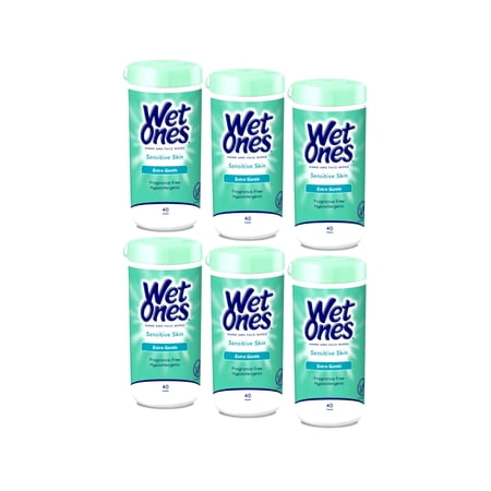 Wet Ones Sensitive Hand and Face Wipes, Sensitive Skin, Fragrance Free, 40 Count Canister (Pack of 6)